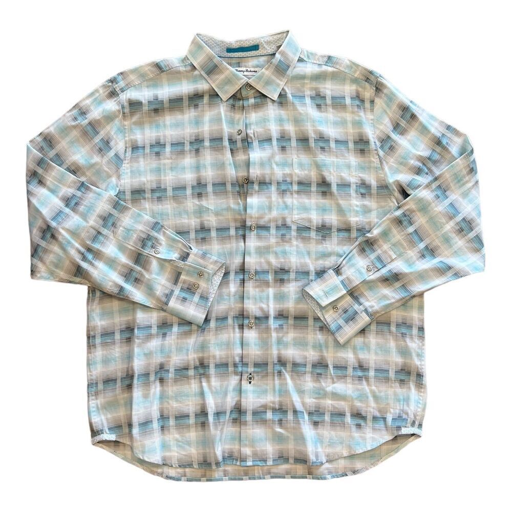 Tommy Bahama Blue Plaid Matteo Mirage Silk Blend Dress Shirt XL